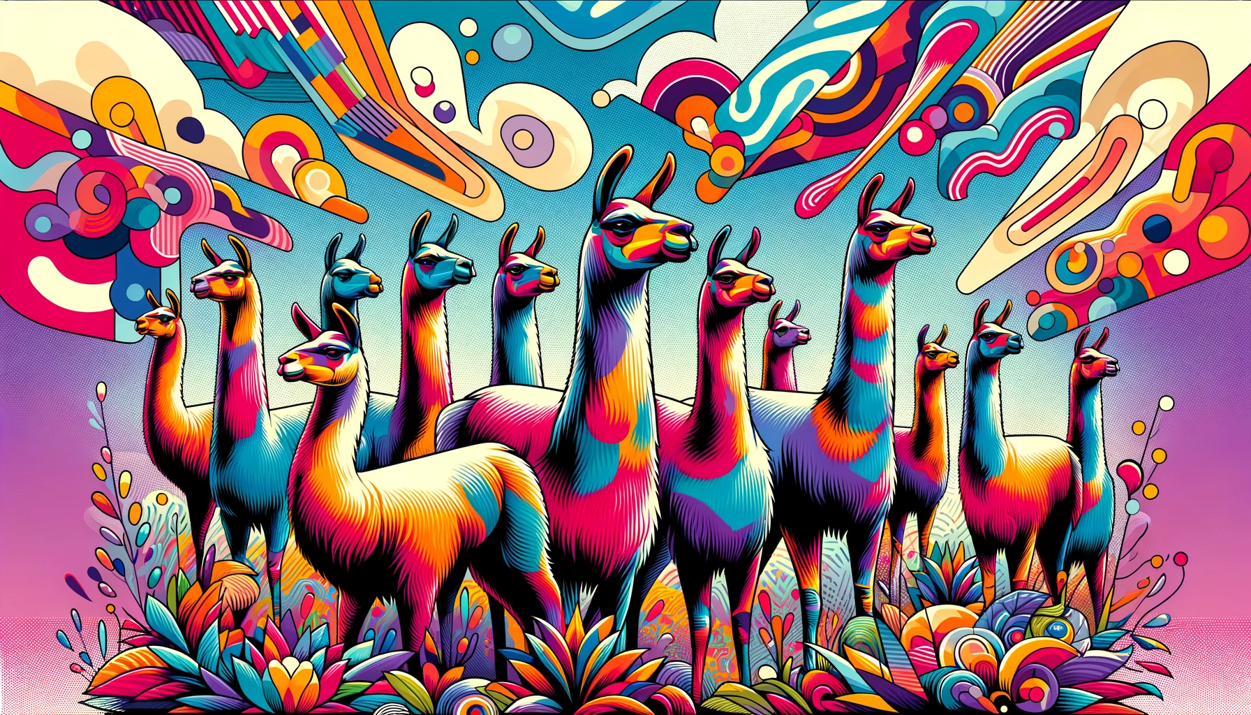 group of colorful llamas standing in a row