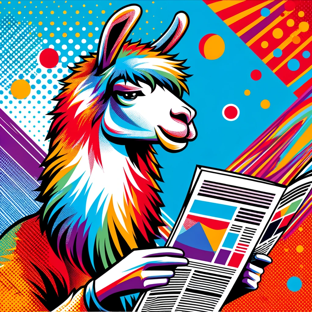 colorful llama reading a newspaper