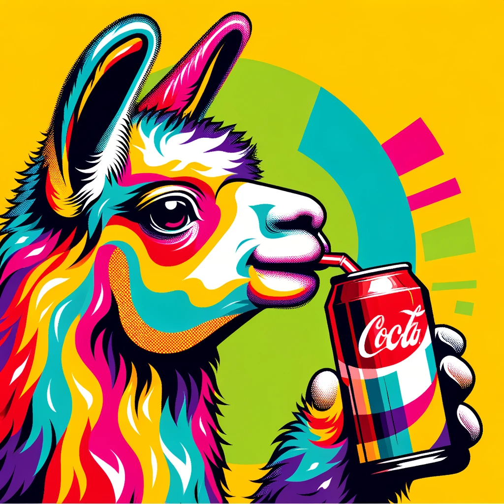 colorful llama drinking a soda through a straw
